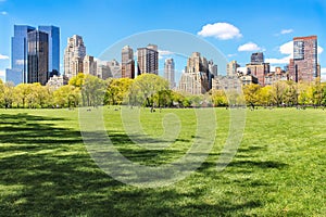 Iconic, sunlit, New York skyline view from Central park