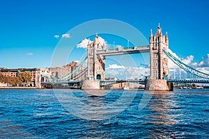 Iconic Tower Bridge view connecting London with Southwark over Thames River, UK.