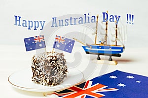 Iconic traditional Australian party food, Lamington cakes on a red, white and blue background