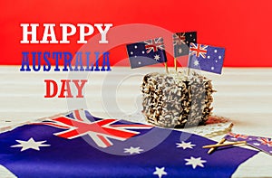 Iconic traditional Australian party food, Lamington cakes on a red, white and blue background