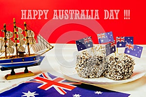 Iconic traditional Australian party food, Lamington cakes on a red, white and blue background