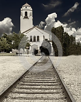 Iconic Train Depot in Boise Idaho with tracks and engine