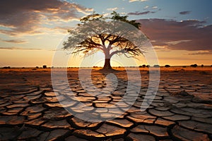 Iconic tree on cracked soil embodies climate crisis, global warming induced water scarcity