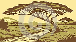 Iconic Tree Beside Winding Path in Landscape, vector design Generative AI