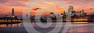 The iconic urban skyline of London, UK, after sunset time