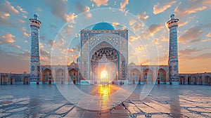 Iconic view of central Asia mosque at sunset, inspired by isphahan culture. Beautiful Islamic architecture.