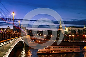 Iconic view of Moscow Kremlin over Moskva river in blue hour. Moscow, Russia.