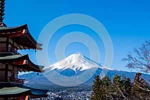 iconic view of Mount Fuji with the red Chureito pagoda and Fujiyoshida city from Arakurayama sengen park in Yamanashi