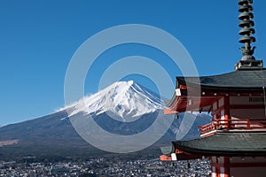 The iconic view of Mount Fuji with the red Chureito pagoda and Fujiyoshida city from Arakurayama sengen park in Yamanashi