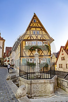 Iconic view of old street in Rothenburg ob der Tauber