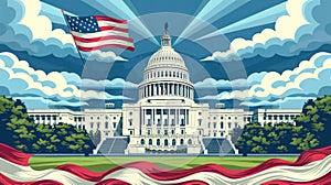 Iconic Washington DC Landmarks: White House and Capitol Dome with American Flag Illustration