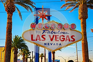 Iconic Welcome to Fabulous Las Vegas Nevada sign with palm trees