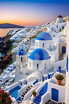 The iconic whitewashed buildings of Santorini, sunset, sea, mountain, cliff, romantic ambience, travel destination