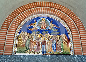 Iconography on entrance to orthodox church in Novi Sad, Serbia