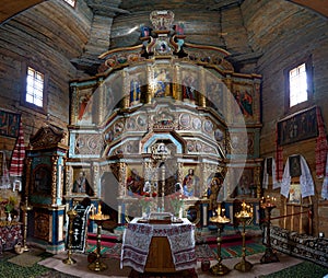 Iconostasis of old wooden Church of the Holy Martyr Paraskeva in Pirogovo, Kiev, Ukraine