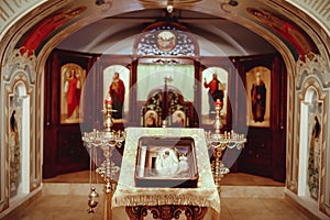 Iconostasis in the temple in blur