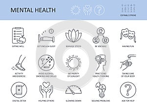 Icons 15 top tips for good mental health. Editable stroke. Get enough sleep eating well. Avoid alcohol, smoking manage stress.