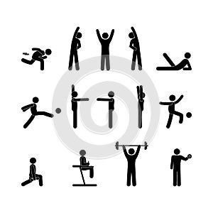 Icons athletes, various sports, stick figure man pictogram