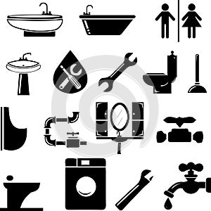 Icons, black and white silhouettes of plumbing fixtures