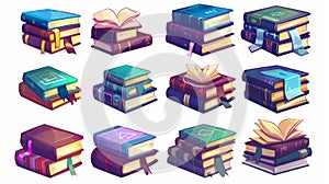 Icons of books, literature, dictionaries, and novels isolated on white with color covers and ribbons.