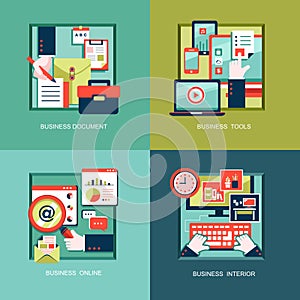 Icons for business tools, documents in flat design