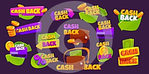 Icons of cash back offers. Concept of refund money