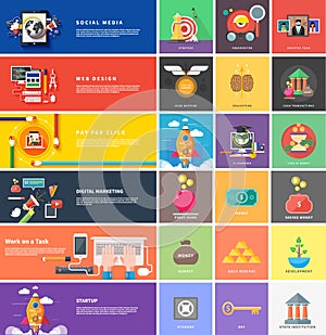 Icons for cash transactions, strategy, start up