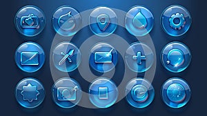 Icons of circle glass for web buttons, arrows, letters, mails, homes, crosses, and check marks. Modern cartoon set of