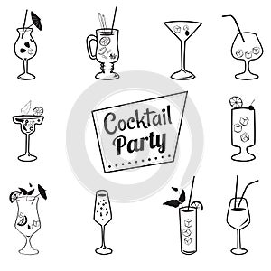 Icons cocktails cartoon style,drinks menu, cafes, restaurants