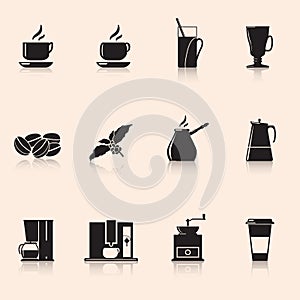 Icons coffee: coffee grinder, mug, coffee grains