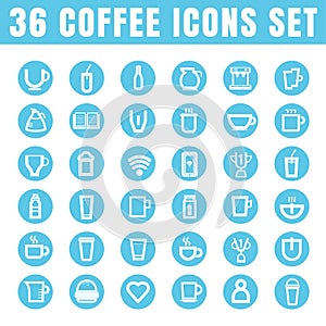 icons coffee color thin white in the circle blue on white background