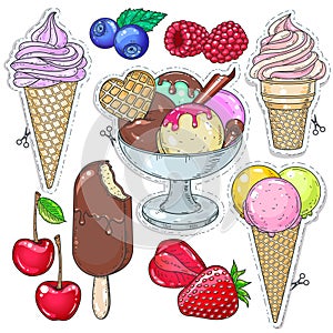 Icons colored dessert, ice cream, ice cream in a waffle cup and different berries