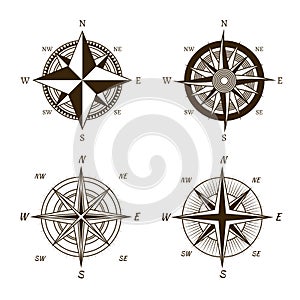 Icons compass. Wind rose hand drawn. West east and south north navigation, travel and adventure symbol. Geography maps