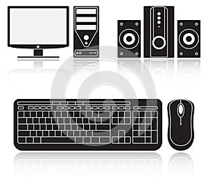 Icons of computer, audio system, keyboard and mouse