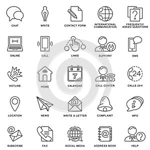 Icons contact us. Methods of communication and information. Thin lines.