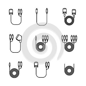 Icons of cord and cable with plugs of thin lines, vector illustration.