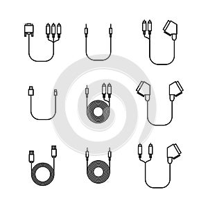 Icons of cord and cable with plugs of thin lines, vector illustration.