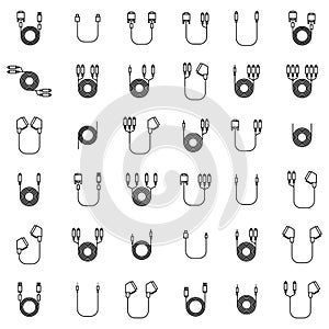 Icons of cord and cable with plugs of thin lines, vector illustration.