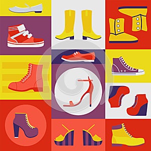 Icons of different shoes, jackboot, sneaker, boots, slipper, tile flat vector illustration. Modern fashion design store.