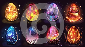 Icons of dragon eggs with glowing sparkles and mysterious haze. Dinosaur and reptile gui assets set. Magic colorful