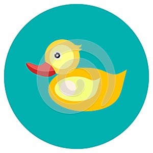 Icons duck of toys in the flat style. Vector image on a round colored background. Element of design, interface.