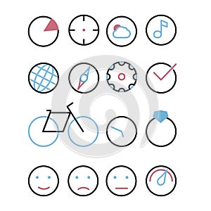 Icons with element - circle. Chart, sight, cloud and sun, music, earth, compass, cog, tick, bicycle, watch, ring with Briliant, em