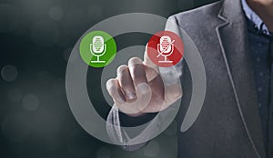 icons of enabled and disabled microphone. Man tapping on the screen