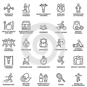Icons fitness, exercise, gym equipment, sports, activity, recreation, nutrition. Thin lines.