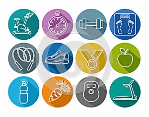 Icons fitness, gym, healthy lifestyle, white outline, solid color, round.