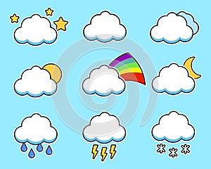 Icons flat cloud set for design on blue background. weather forecast. illustration