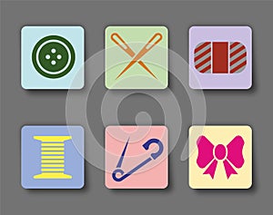Icons flat sewing tools: button, needle, thread, yarn?