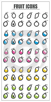 Icons fruit color blck blue pink Yellow green vector on white ba