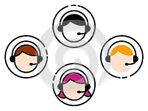 Icons of gamer boys and girls with their headphones or people who work in a call center
