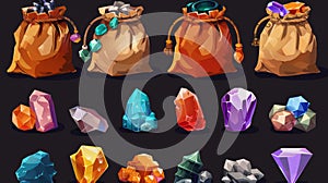 Icons of gem stones in sacks. Crystals in bags, treasure, trophy, pirate loot, level reward. Fantasy assets, GUI photo